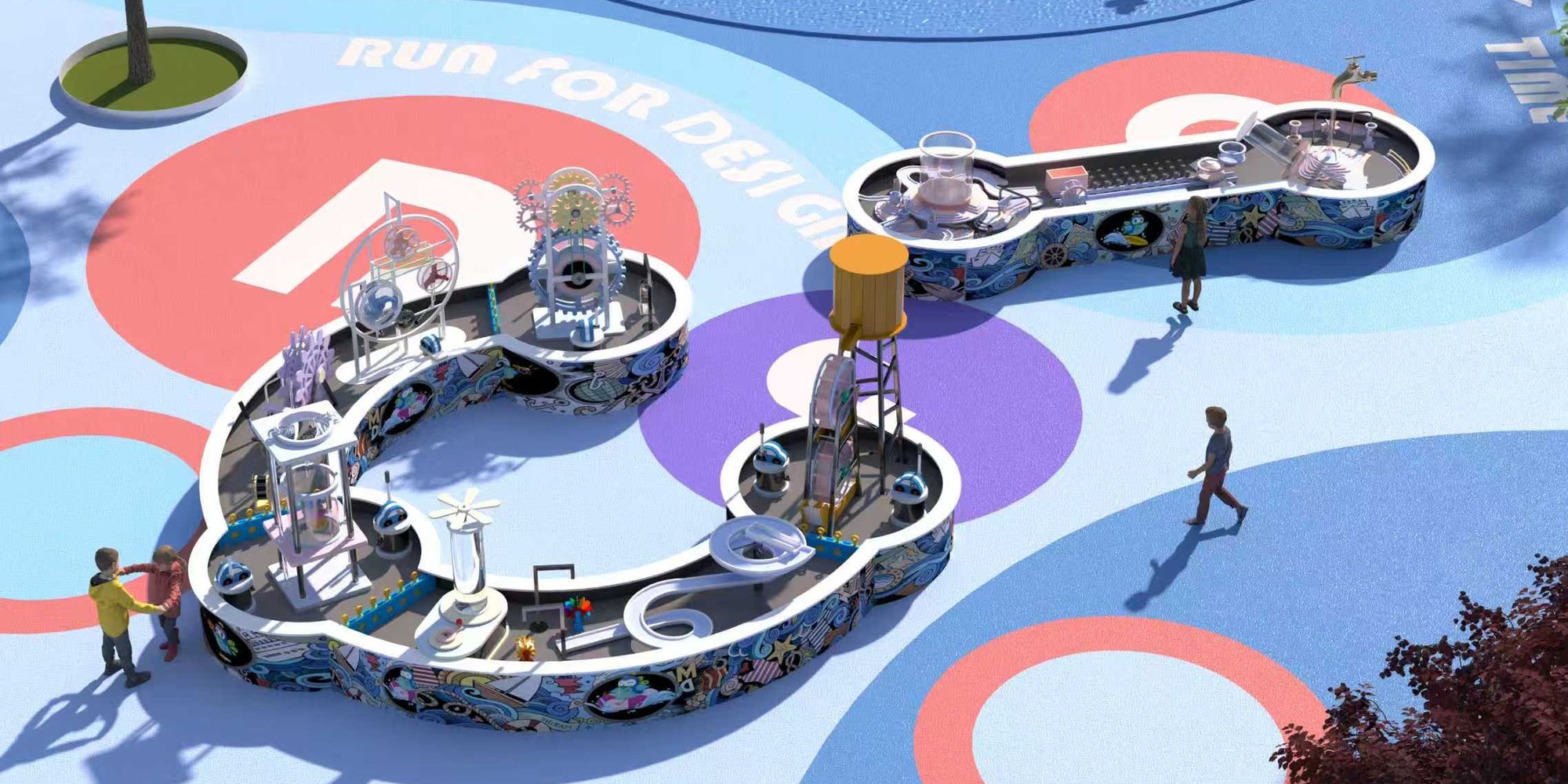 Outdoor water play deck with a decorated basin and a row of water elements