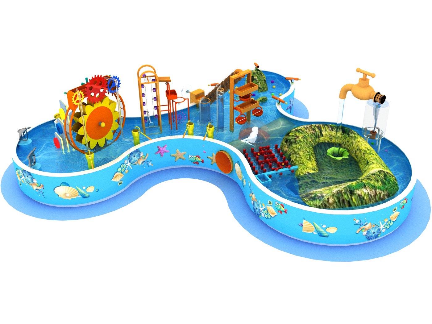 Stepped Cascade Island — water play zone layout